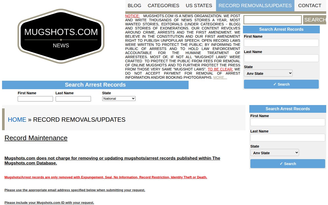Mugshots.com record-maintenance policy relevant to a Heard County archive